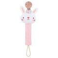 Pink cotton baby pacifier chain with white plush bunny head and round wooden clip - Rabbit