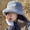 Light gray faux shearling bucket hat with bear ears and logo patch for winter warmth - Lamb Fleece Bucket Hat - Blue