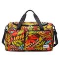 Travel tote bag featuring autumn leaf prints with adjustable strap and front pockets - Yellow