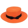 Orange wide brim straw hat with black ribbon bow, stylish flat top beach sun protection - Ribbon Bow Decor Band Style (303B)