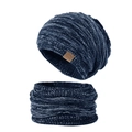Winter-Strickmütze und Schal-Set in Marineblau meliert mit geprägtem Lederaufnäher - Marineblau