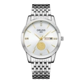 Detailed close-up of a silver watch dial with golden indices and a sailboat relief - 9-row Silver Strap - White Dial