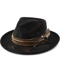 Retro black felt cowboy hat with ethnic feather webbing and metallic beads on white background - M (56-58cm) / Black Distressed (01)