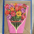3D pop-up greeting card featuring a vibrant tulip flower bouquet in a clear vase - Blooming Tulips