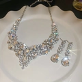Elegant silver jewelry set with square diamond pendants and matching long drop earrings - White K Silver 2pcs Set Necklace (128#)