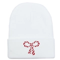 Dettaglio del berretto in maglia bianca con fiocco ricamato a righe rosse e bianche - 54-60cm / Bianco