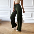 Women's casual loose wide-leg pants in dark green featuring elastic waist and drawstring - S / Army Green