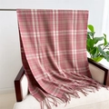 Detail shot of soft knit pink and beige plaid scarf featuring elegant tassel fringe trim - Pink & Beige Plaid (WT143-1)