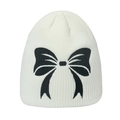 White ribbed knit beanie hat featuring a black embroidered bow for women winter warmth - M(56-58cm) / White (Black Bow)