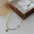 Vintage beaded necklace with emerald green stone pendant in a gold finish setting - Green Crystal Necklace XL0317