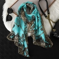 Turquoise leopard print chiffon scarf with vintage gold chain pattern for women - Lake Blue Gold Chain