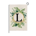 Polyester garden flag featuring letter L with golden ring and green eucalyptus leaves - Letter L