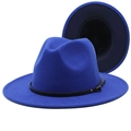 Detail of royal blue wool fedora hat featuring black leather belt and bronze metal buckle - M (56-58cm) / Royal Blue + Black