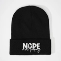 Black knit beanie with white embroidered NOPE not today text and small heart detail - Black