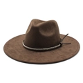 Classic dark brown wide-brimmed felt fedora hat with braided belt band and bow detail - Brown