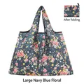 Large navy floral foldable shopping bag shown in both open and folded compact state - Large - Navy Floral