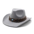 Classic light grey felt western cowboy hat with brown braided band and turquoise stone - M (56-58cm) / Gray