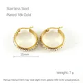 25mm 18k gold plated stainless steel hoop earrings with clear crystal pave stones - Gold Bamboo Round / 25mm/18K Gold Plated