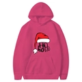 Rosaroter Weihnachts-Hoodie für Paare mit HO HO HO-Druck und festlicher Mütze-Grafik - Rosenrot