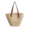 Two-tone woven straw tote bag with brown faux leather handles and ample storage space - Large / Khaki