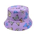 Detail of purple bucket hat with colorful butterfly prints and reinforced brim stitching - Light Purple