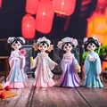 Set of four Tang Dynasty cartoon lady figurines in colorful Hanfu on wooden base - Style 1 Large Full Collection