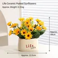 Artificial sunflower in white ceramic pot with Life Life print, 18cm tall table decor - Mini Sunflower - Life Potted Artificial Flower
