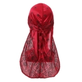 Red paisley satin durag with long tail and silky finish for wave styling and compression - Wine Red Black Pattern