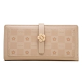 Detail of floral metal buckle and debossed floral checkered pattern on long wallet - Apricot