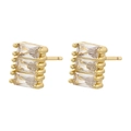 Macro view of gold stud earrings featuring triple stacked rectangular clear zircons - Gold T-Shape Row (VE1500)