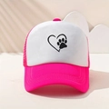Pink and white mesh trucker hat featuring a black paw print heart design on front - One Size / Rose Red
