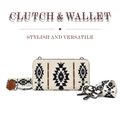 Bohemian canvas clutch wallet with black and white geometric patterns and woven strap - Off-white