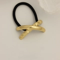 Minimalist hair tie featuring a golden metallic X-shaped charm with black elastic band - Pleated Glossy X-Shape Gold