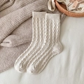 Cream knit mid-calf socks with classic cable pattern, winter wool blend hosiery - One Size / Grey-Beige