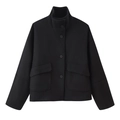 Détail de la veste noire en laine avec col montant, grandes poches et fermeture à boutons - S / Noir