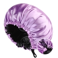 Double-layer purple satin sleep bonnet for hair care with adjustable elastic button strap - Adjustable / Light Purple & Black