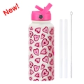 Borraccia sportiva termica da 1L bianca con cuori rosa e set di cannucce - Bianco Avorio 23B2