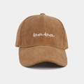 Detailed view of brown corduroy texture and white baba embroidery on baseball cap - Camel / Adjustable