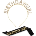 Detail of BIRTHDAY GIRL rhinestone headband and gold lettering on black satin sash set - BIRTHDAY GIRL Style / Set 5 (Black Gold Girl)