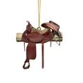 Detail of miniature western saddle and cowboy hat pendant with golden hanging cord - Style 9 (Red Brown Saddle & Hat)