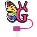 Pink letter G straw topper with colorful butterfly wings made of soft PVC material - Letter G