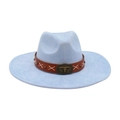 Light blue wide brim fedora hat with brown leather band and metallic bull head buckle - Light Blue