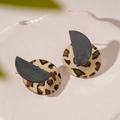 Detailed close-up of leopard print acrylic earrings with iridescent oil slick finish - Silver Needle - Small Leopard Round Stud Earrings
