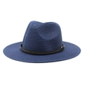 Detailed close-up of dark blue straw fedora with riveted black leather decorative band - Navy Blue