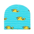 Blue knitted beanie with yellow duck patterns and ear flaps for winter warmth - Duck (D)