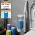 Wall-mounted disposable toilet brush set with white handle and 6 blue sponge refills - White Set + 6 Ocean Scent Refills / White