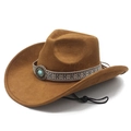 Brown western cowboy fedora hat with turquoise ethnic band and adjustable chin strap - M (56-58cm) / Khaki
