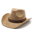 Khaki faux suede western cowboy hat featuring a colorful ethnic woven band and curved brim - M(56-59CM) / Camel