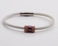 Detail of white leather cord bracelet with rose gold bead, purple stone and magnetic clasp - White Leather + Rose Gold Charm