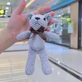 Portachiavi orsetto di peluche lavorato a maglia grigio con fiocco e catena a sfere - Orsetto a Griglia di Ananas + Catenina a Sfere / Grigio chiaro